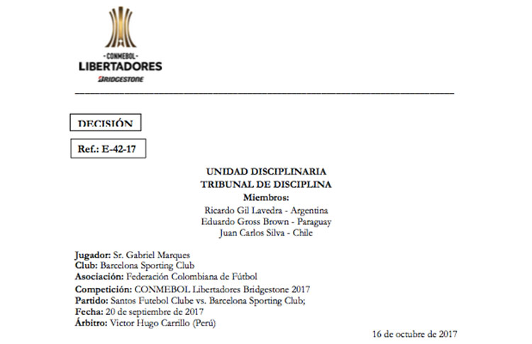 Tribunal De Disciplina De La Conmebol Impone Suspensión Y Multa Para Gabriel Marques Conmebol 0491