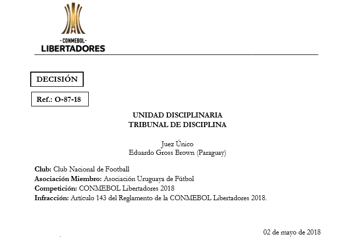 Multa e advertência ao Club Nacional de Football - CONMEBOL